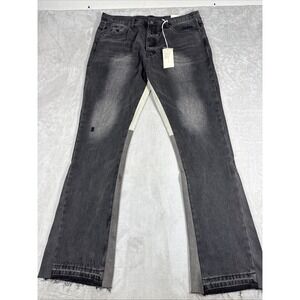 MNML Jeans Black Gray Flared Raw Hem Grunge Faded Distressed Mens Size 40X37